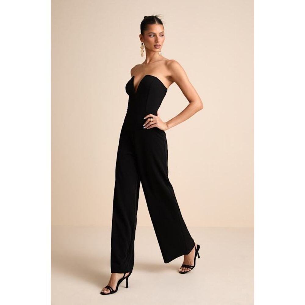 Lulus Cris Black Plunge Strapless Straight Leg Jumpsuit - Size M